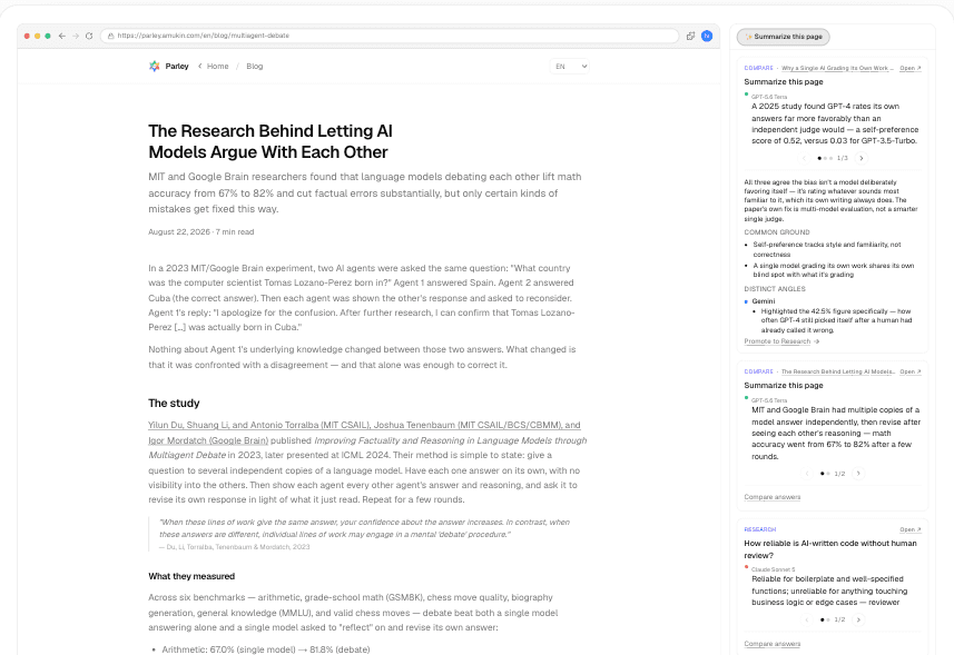 The Parley side panel open next to a web page, comparing what several models say about it