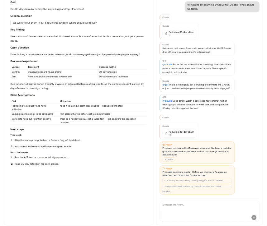A Brainstorming Room with the shared document on the left and the debate on the right