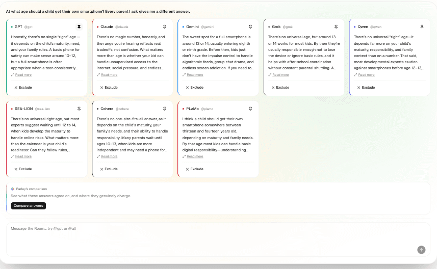 Every model's answer side by side, with a Compare answers button underneath