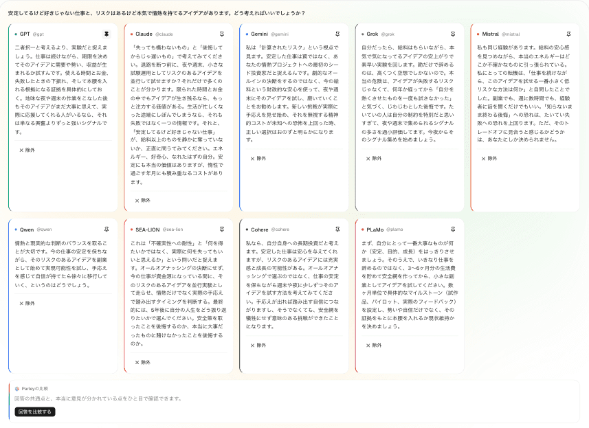 同じ質問に対する9モデルの回答がカードで並び、下部に「回答を比較する」ボタンがある画面