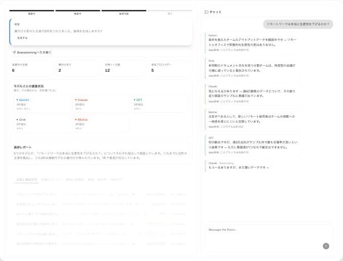 調査の進捗、モデルごとの提出状況、根拠テーブルが並ぶResearch Dashboardの画面